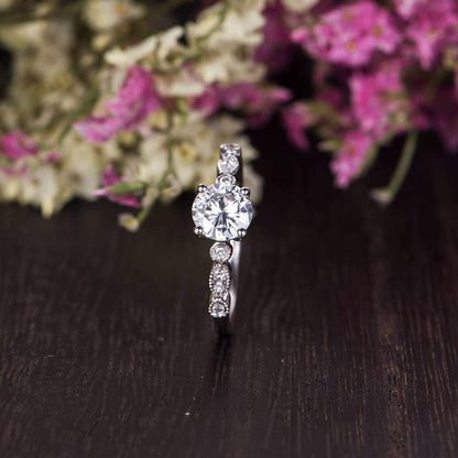 1.35 CT Round Vintage Pave Moissanite Engagement Ring