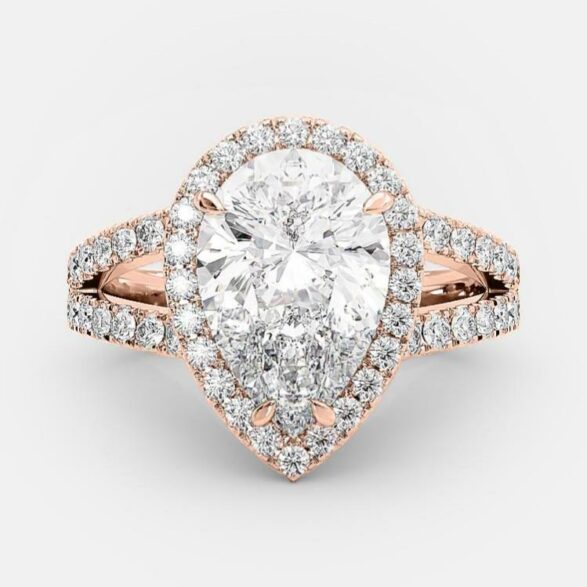 2.25 CT Pear Halo, Split Shank & Pave Moissanite Engagement Ring