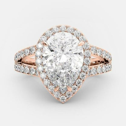 2.25 CT Pear Halo, Split Shank & Pave Moissanite Engagement Ring