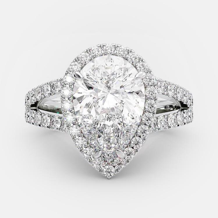 2.25 CT Pear Halo, Split Shank & Pave Moissanite Engagement Ring
