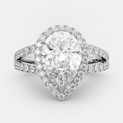 2.25 CT Pear Halo, Split Shank & Pave Moissanite Engagement Ring