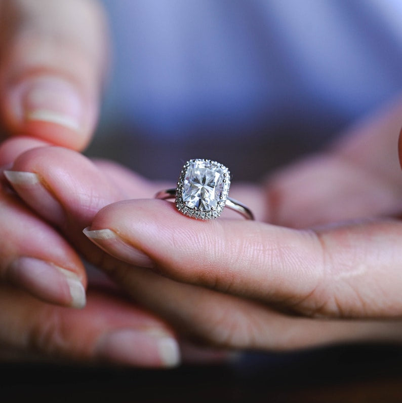 2.0 CT Elongated Cushion Halo Moissanite Engagement Ring