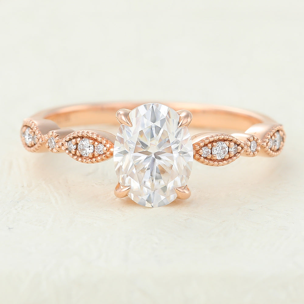1.33 CT Oval Milgrain Pave Moissanite Engagement Ring