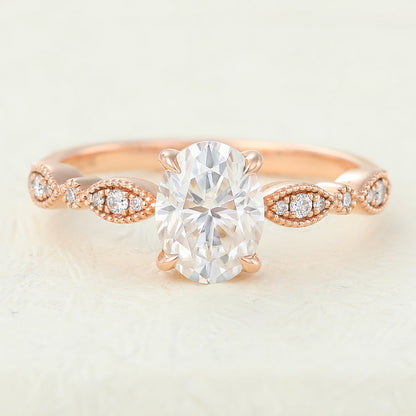 1.33 CT Oval Milgrain Pave Moissanite Engagement Ring