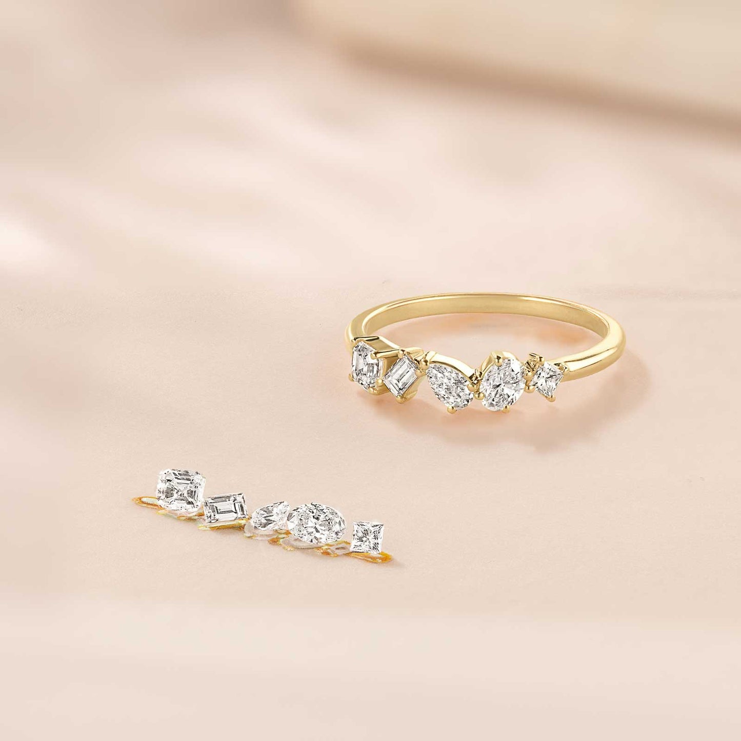 0.24 TCW Asscher,Baguette,Oval,Princess & Pear Cluster Moissanite Wedding Band