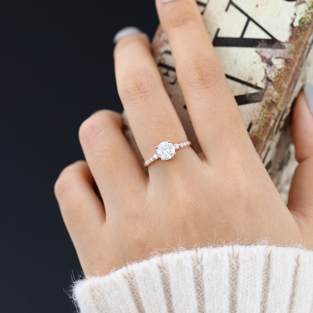 0.88 CT Round Shaped Moissanite Engagement Ring In Three Stone Design