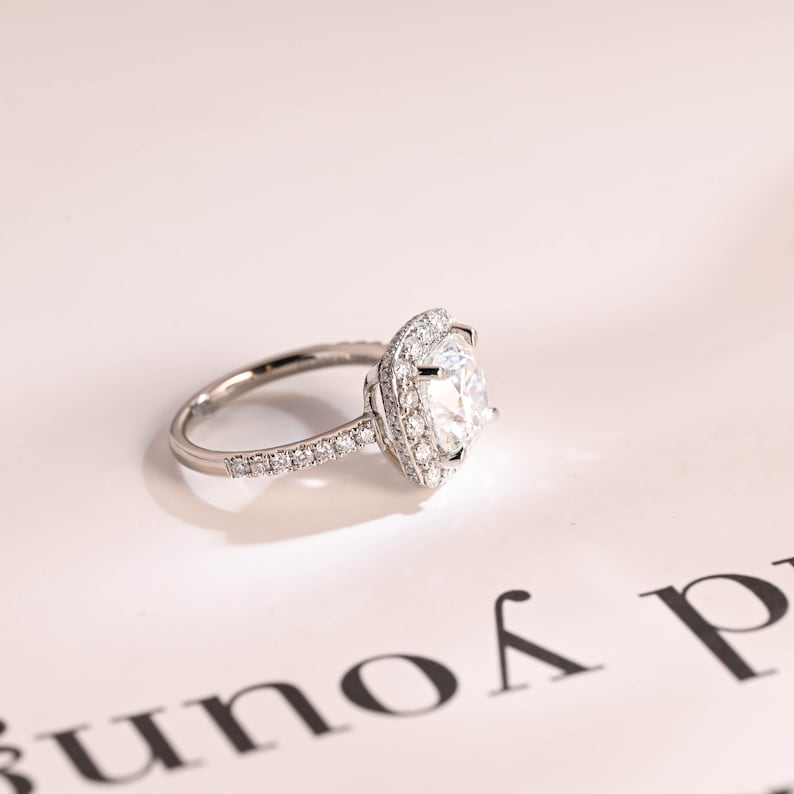 2.0 CT Cushion Pave & Halo Moissanite Engagement Ring