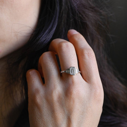 2.0 CT Emerald Bezel & Cluster Moissanite Engagement Ring