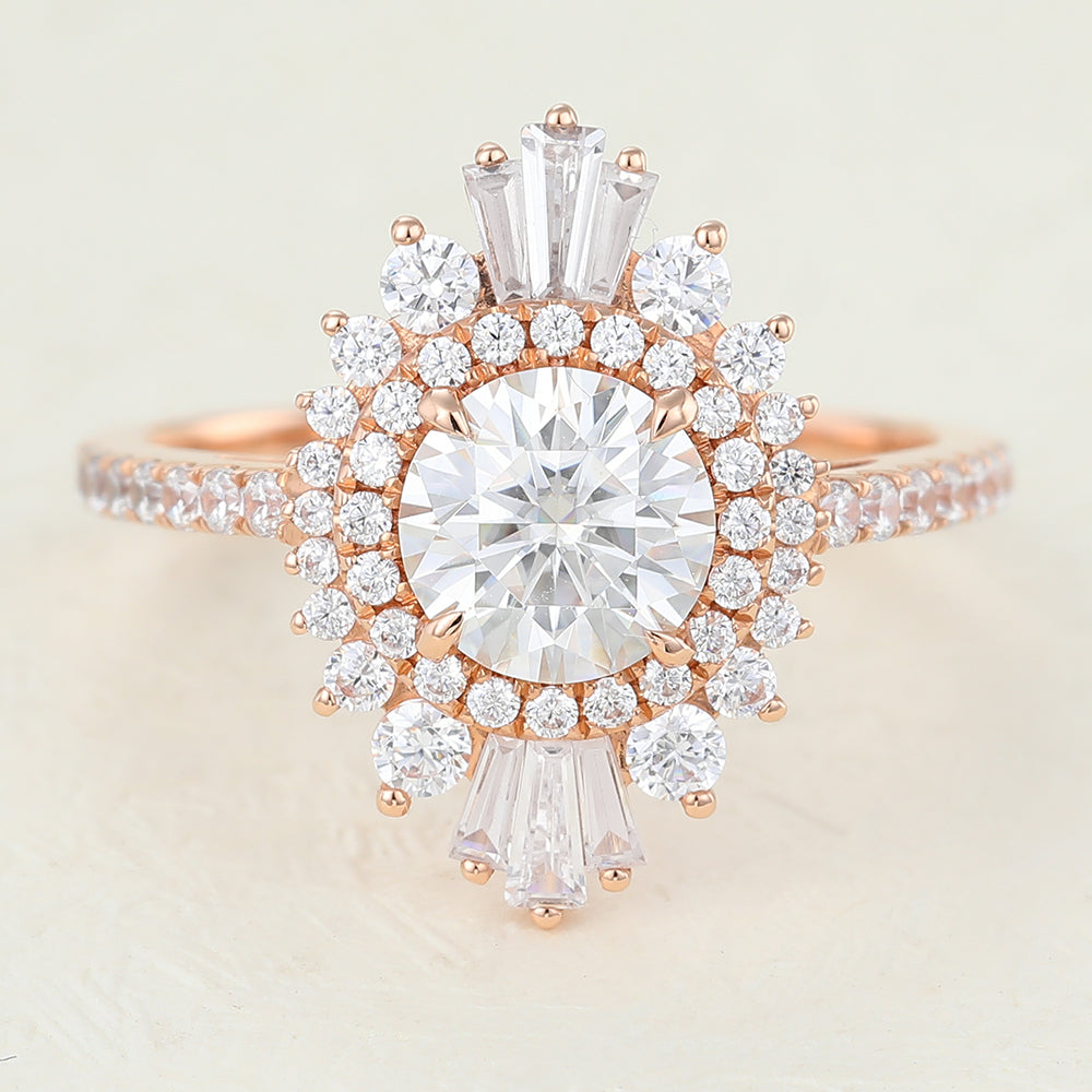 0.88 CT Round Shaped Moissanite Engagement Ring In Cluster Halo Design