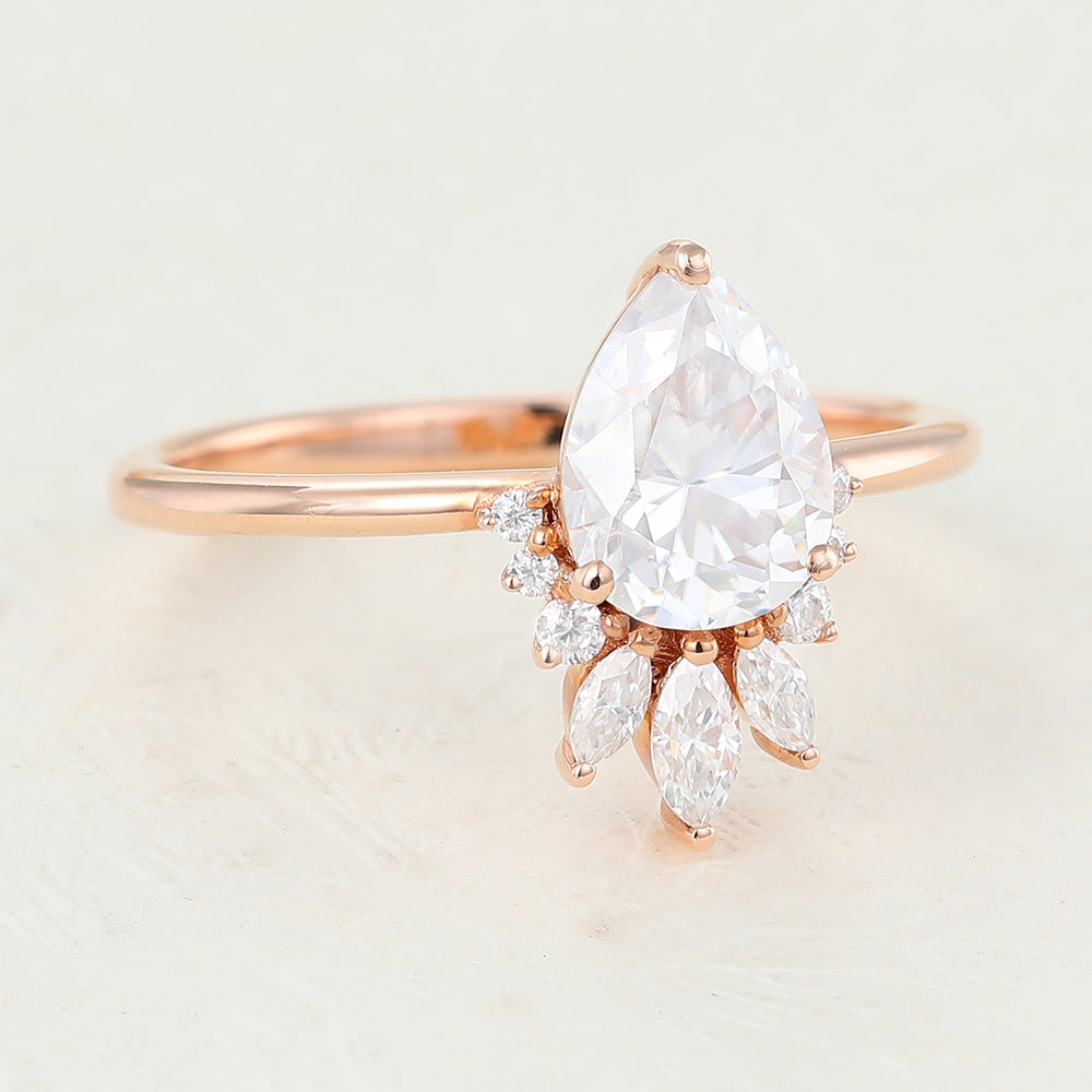 0.85 CT Pear Shaped Moissanite Engagement Ring In Cluster Design