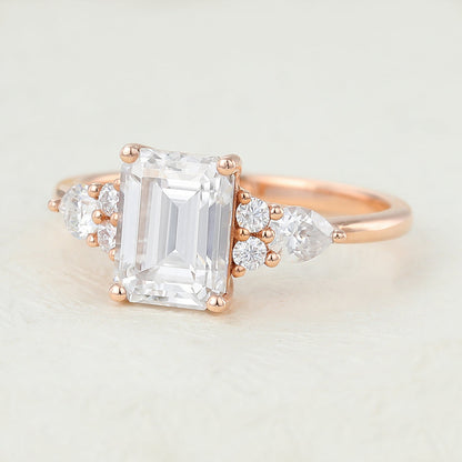 1.6 CT Emerald Shaped Moissanite Engagement Ring In Cluster Design