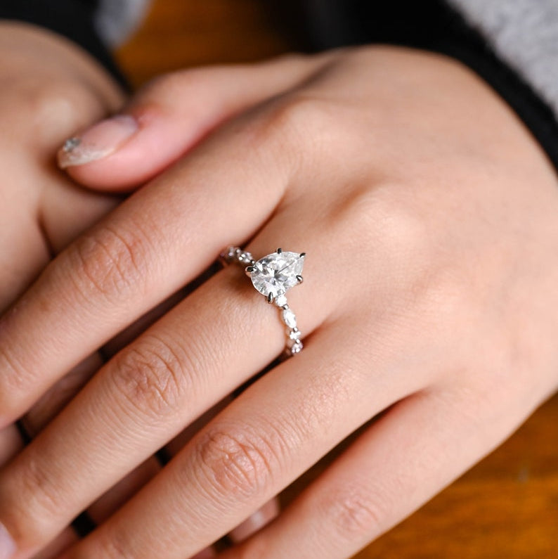 2.0 CT Pear Pave Moissanite Engagement Ring