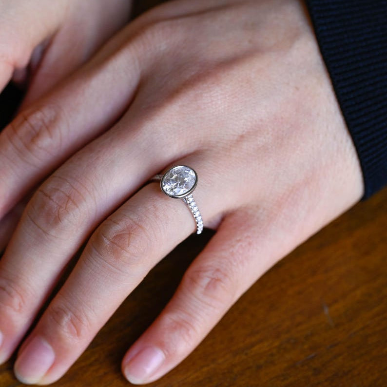 2.0 CT Oval Bezel & Pave Moissanite Engagement Ring