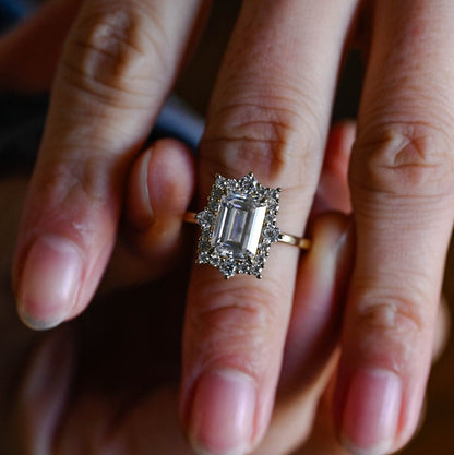 2.0 CT Emerald Halo Moissanite Engagement Ring