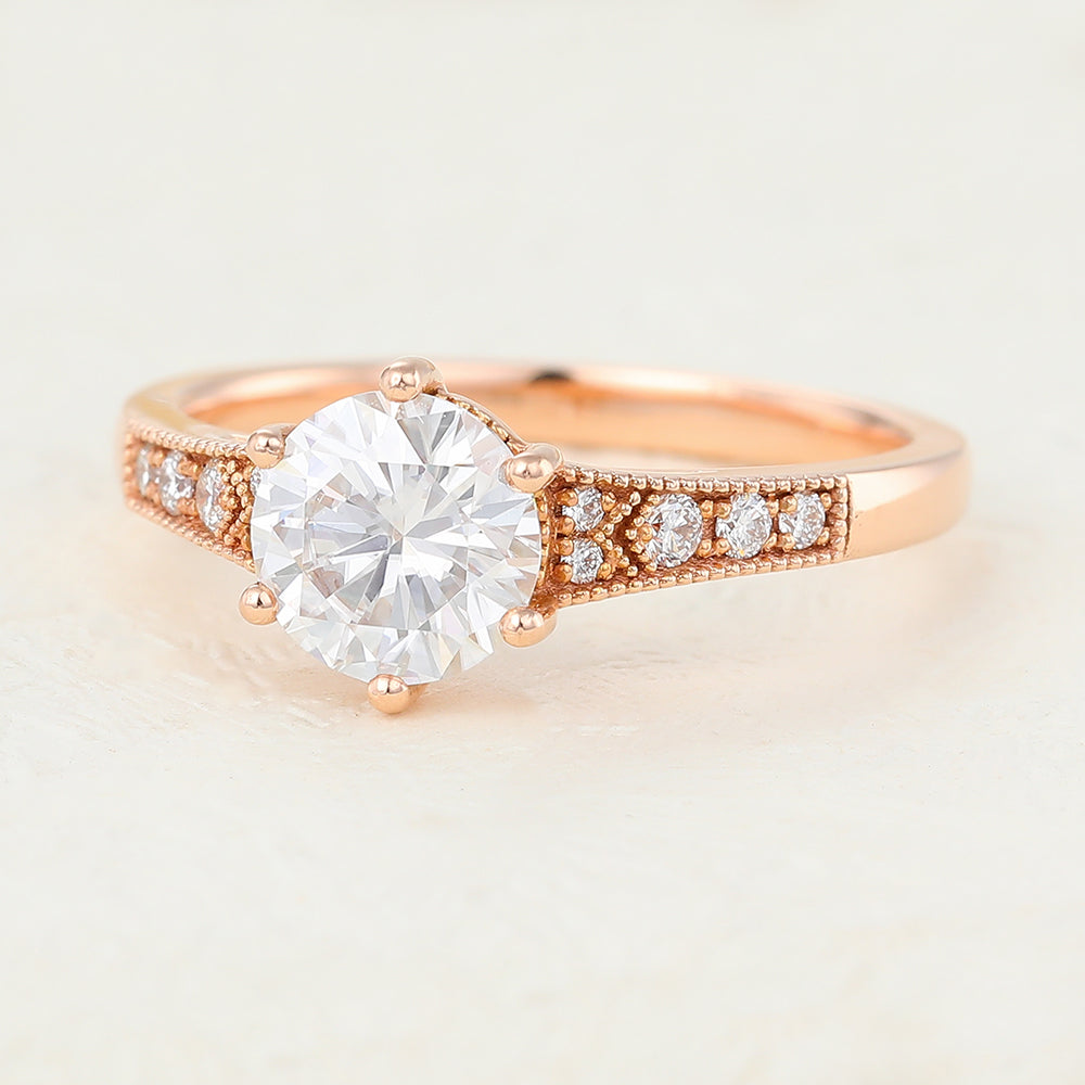 0.88 CT Round Shaped Moissanite Engagement Ring In Pave Design