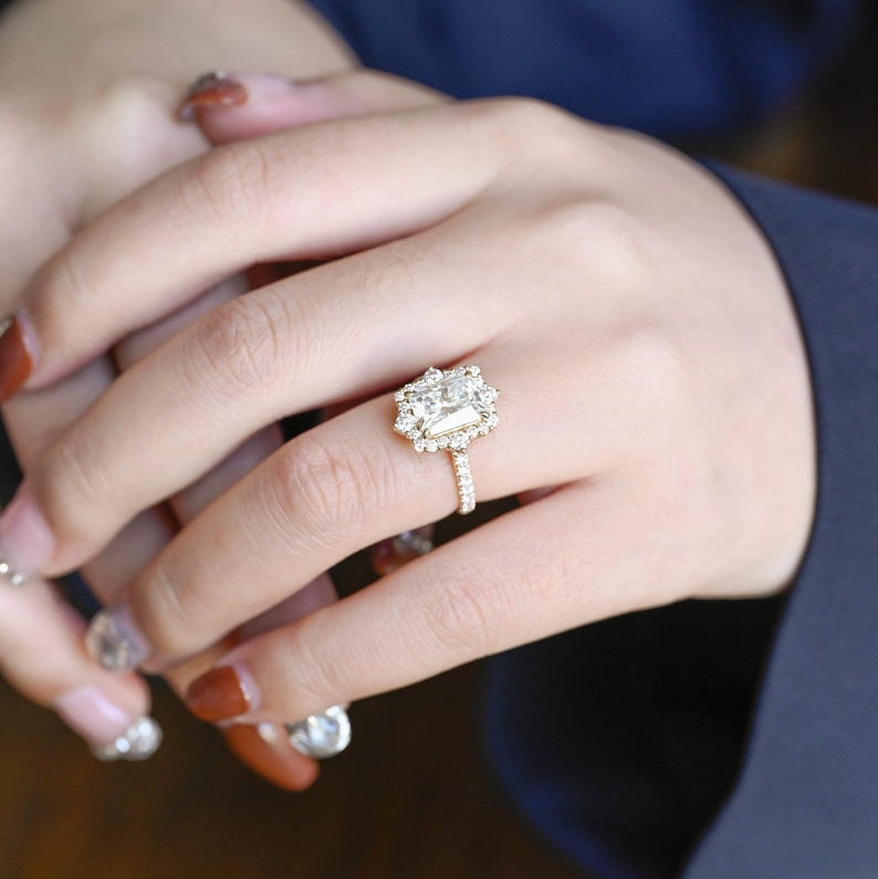 2.5 CT Radiant Pave & Halo Moissanite Engagement Ring