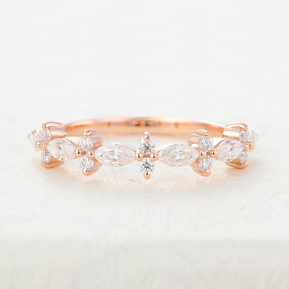 0.62 TCW Marquise & Round Half Eternity Moissanite Wedding Band