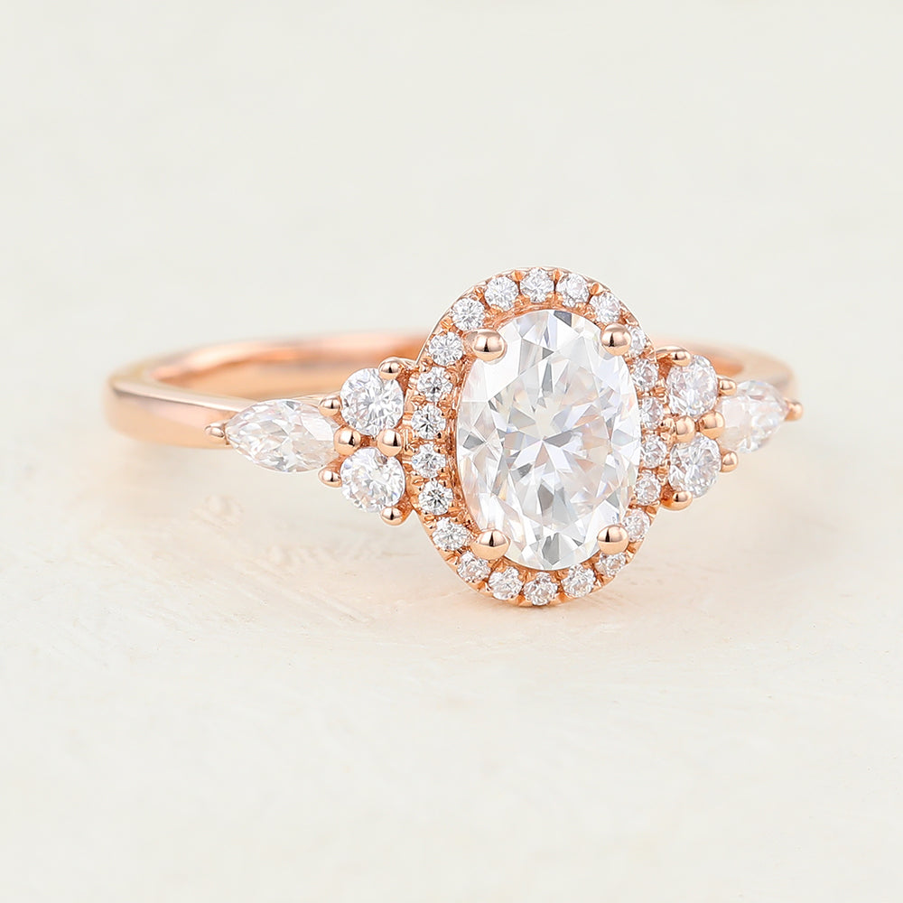 0.84 CT Oval Cluster Moissanite Engagement Ring