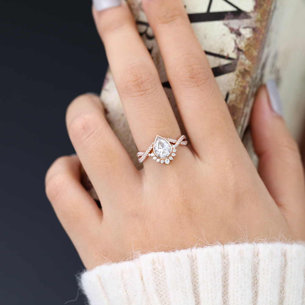 0.90 CT Pear Shaped Moissanite Engagement Ring In Cluster Design