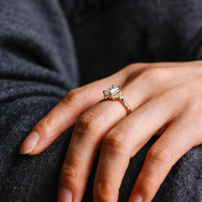 2.0 CT Emerald Cluster Moissanite Engagement Ring