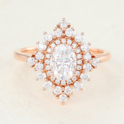 1.33 CT Oval Shaped Moissanite Engagement Ring In Cluster Halo Design