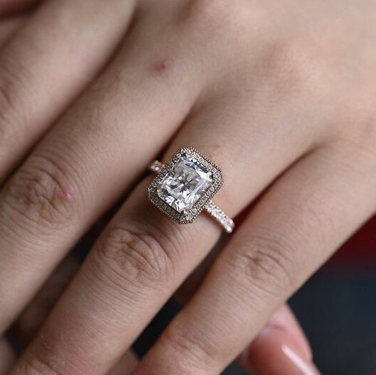 2.0 CT Radiant Pave & Halo Moissanite Engagement Ring