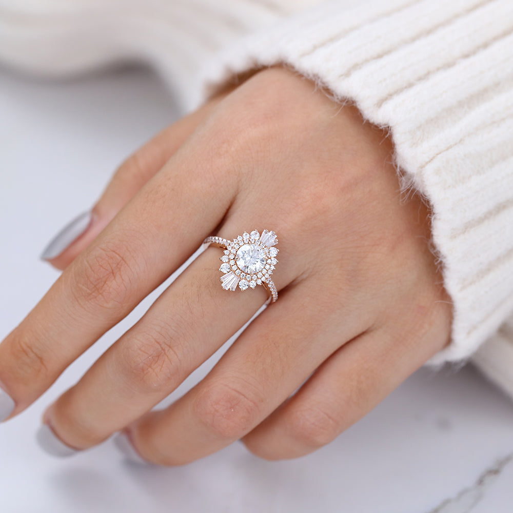 0.88 CT Round Shaped Moissanite Engagement Ring In Cluster Halo Design