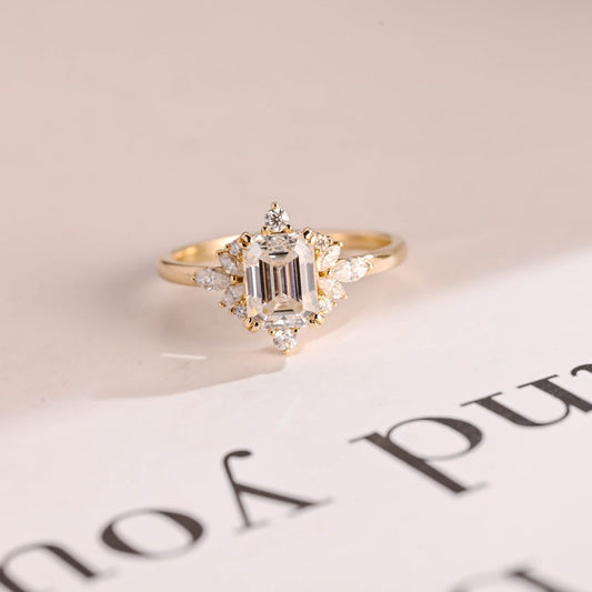 2.0 CT Emerald Cluster Moissanite Engagement Ring