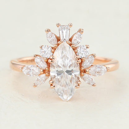 0.9 CT Marquise Shaped Moissanite Engagement Ring In Cluster Design