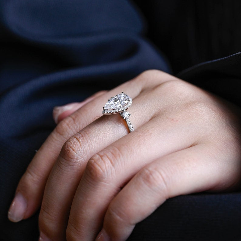 2.0 CT Pear Pave & Halo Moissanite Engagement Ring