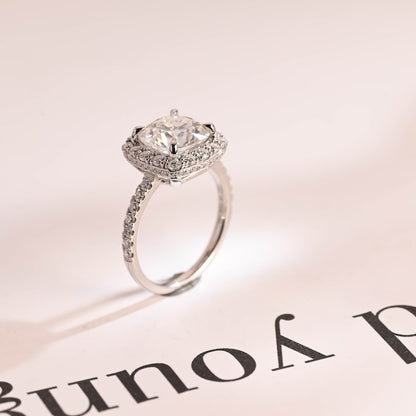 2.0 CT Cushion Pave & Halo Moissanite Engagement Ring