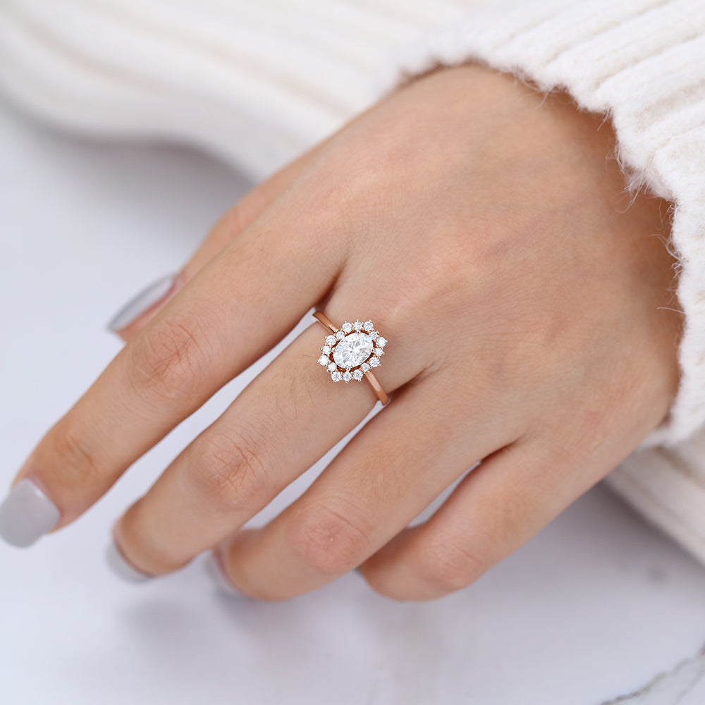 1 CT Oval Shaped Moissanite Engagement Ring In Cluster Design