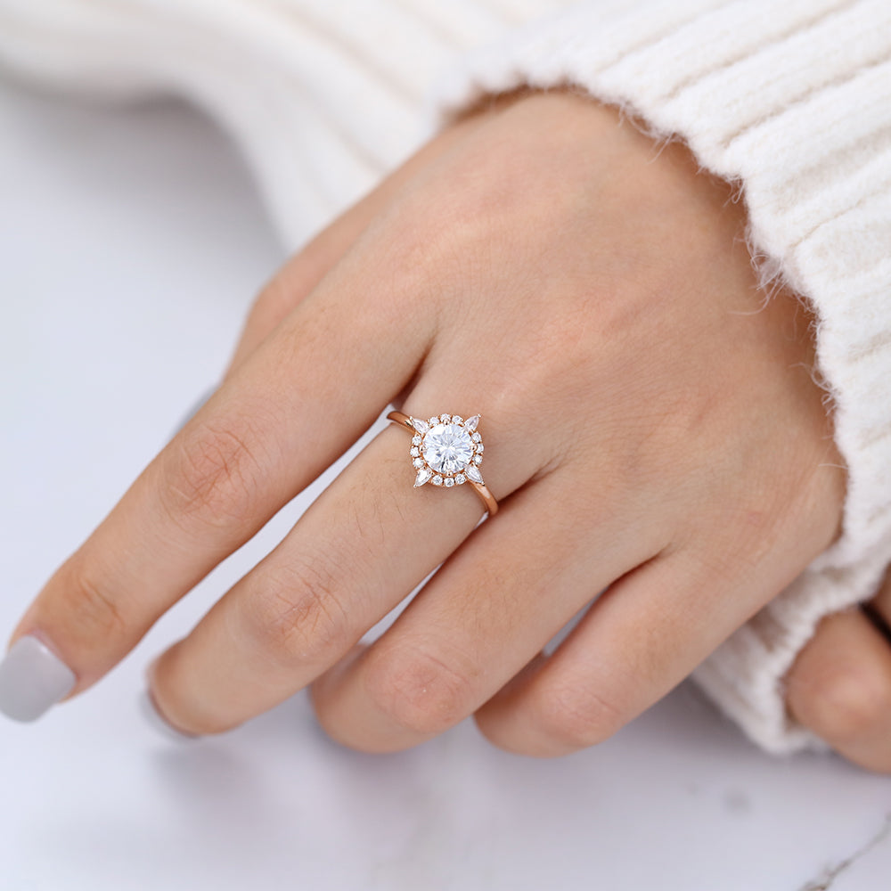 0.88 CT Round Shaped Moissanite Engagement Ring In Cluster Design