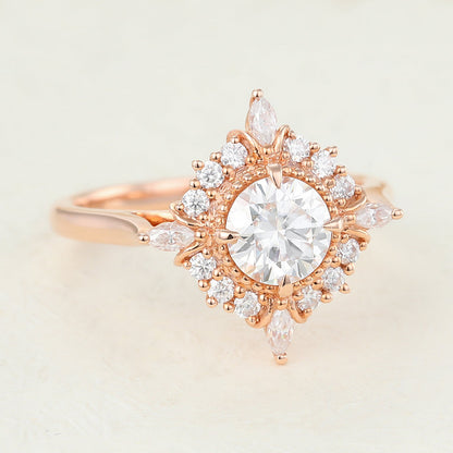 0.68 CT Round Shaped Moissanite Engagement Ring In Cluster Design