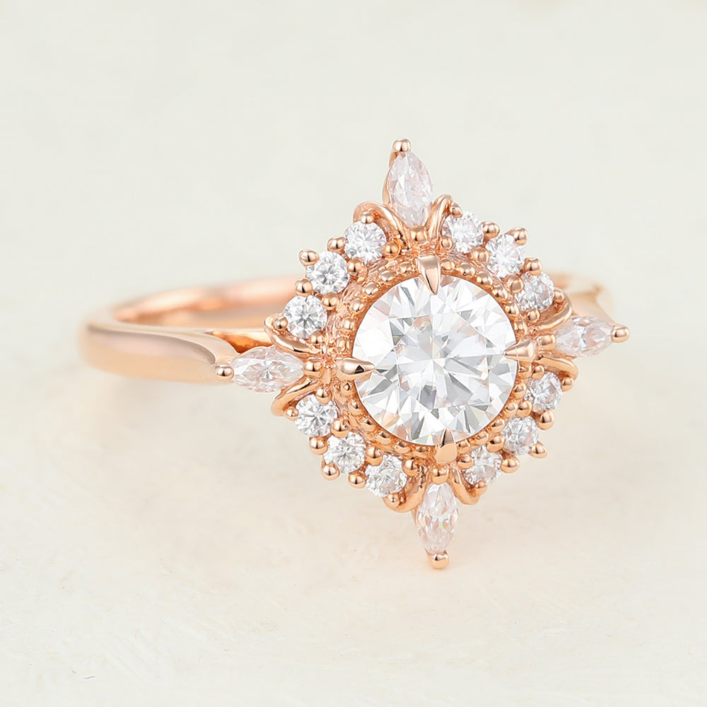 0.68 CT Round Vintage Cluster Moissanite Engagement Ring
