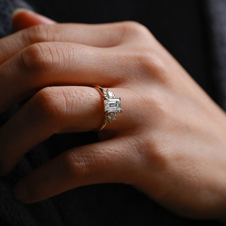 2.0 CT Emerald Cluster Moissanite Engagement Ring