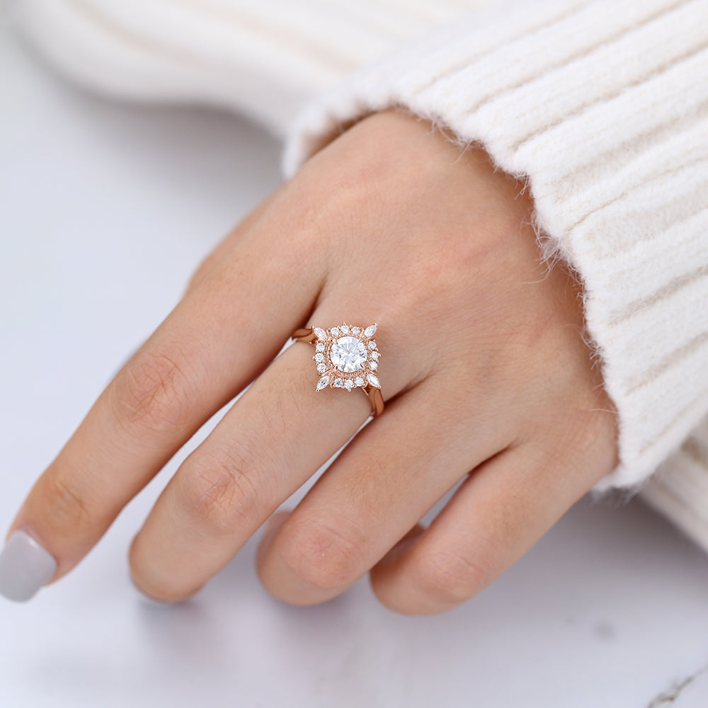 0.68 CT Round Shaped Moissanite Engagement Ring In Cluster Design