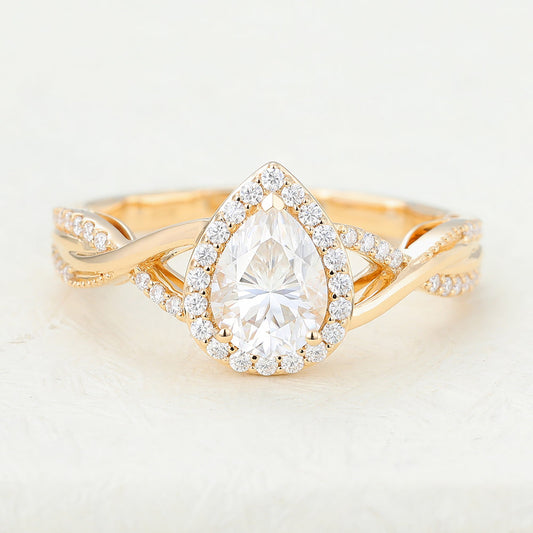 0.43 CT Pear Halo & Criss-Cross Pave Moissanite Engagement Ring