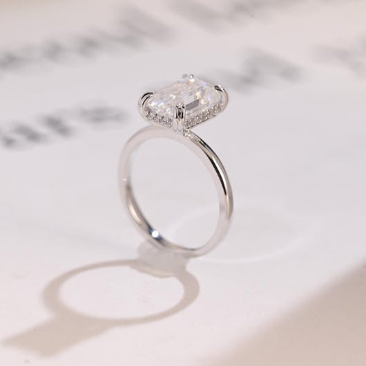 2.0 CT Hidden Halo Emerald Moissanite Engagement Ring