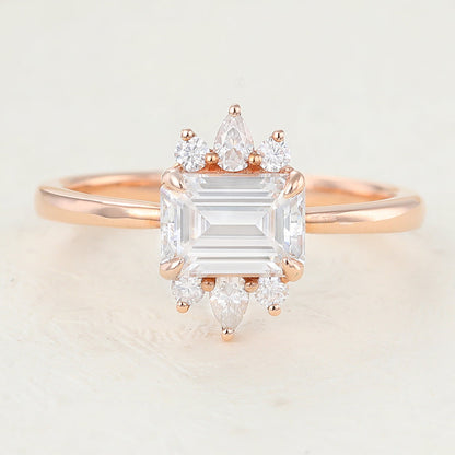 0.92 CT Emerald Shaped Moissanite Engagement Ring In Cluster Design