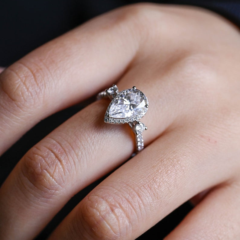 2.0 CT Pear Pave & Halo Moissanite Engagement Ring