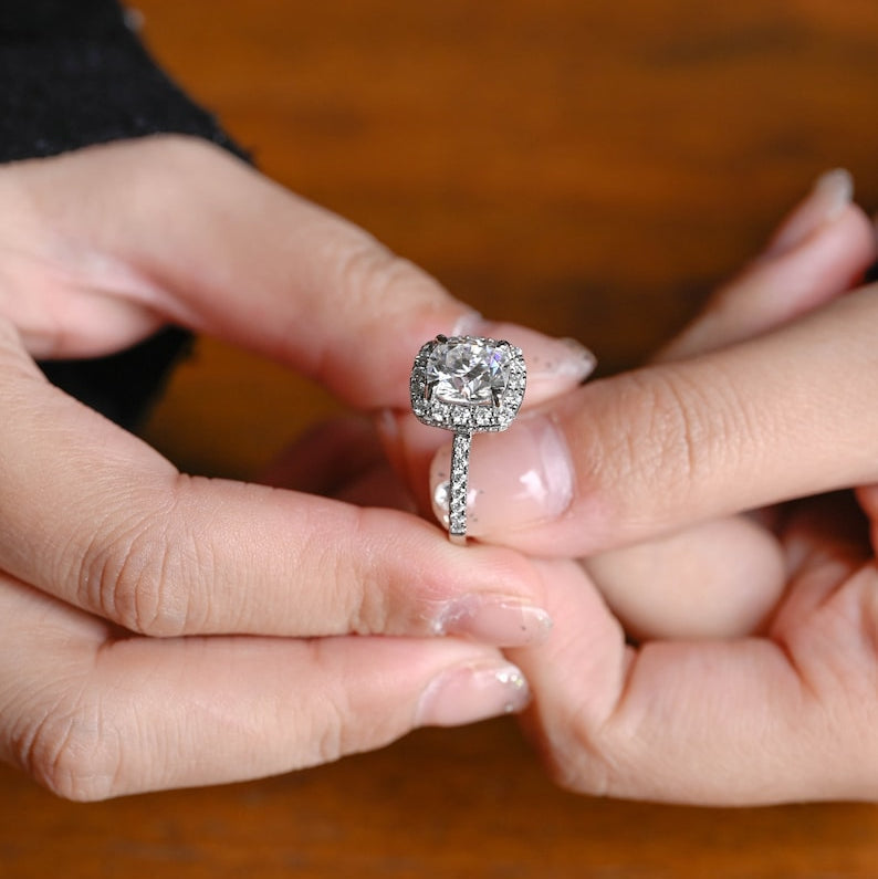 2.0 CT Cushion Pave & Halo Moissanite Engagement Ring