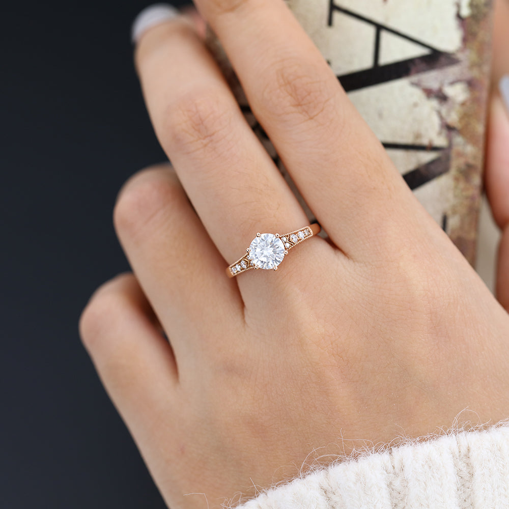 0.88 CT Round Shaped Moissanite Engagement Ring In Pave Design