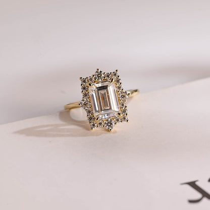 2.0 CT Emerald Halo Moissanite Engagement Ring