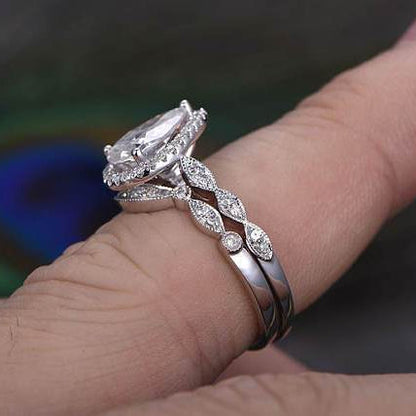 1 CT Pear Vintage Halo & Pave Moissanite Bridal Set