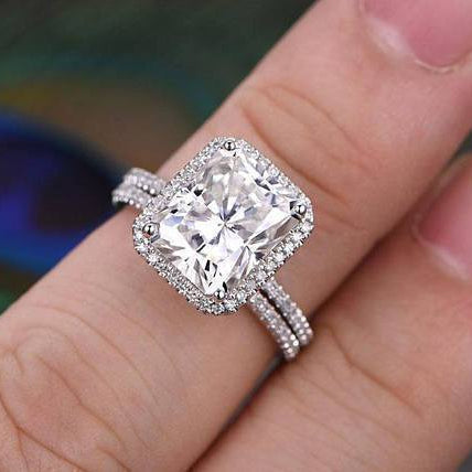 3 CT Radiant Halo & Pave Moissanite Bridal Set