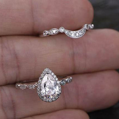 1 CT Pear Vintage Halo & Pave Moissanite Bridal Set