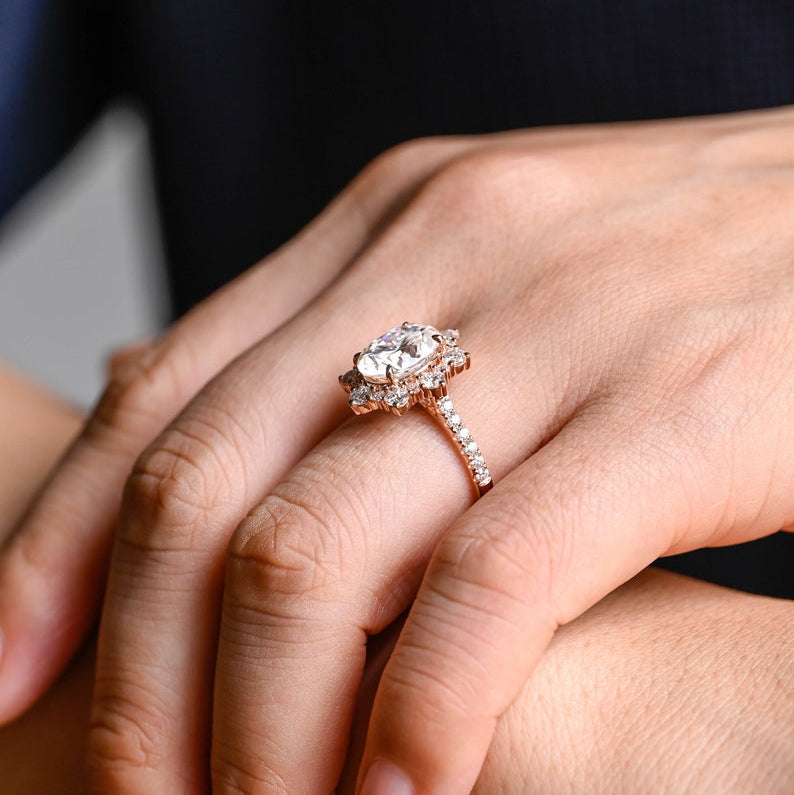 2.0 CT Oval Pave & Halo Moissanite Engagement Ring