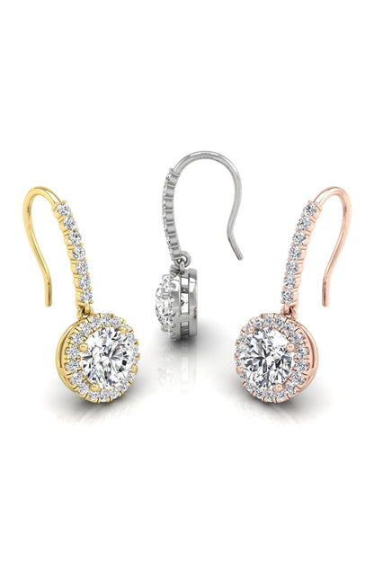 1.29 TCW Round Cut Halo Drop Moissanite Earrings