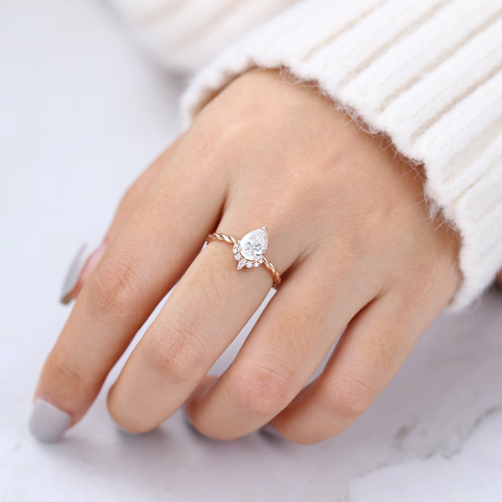 0.9 CT Pear Shaped Moissanite Engagement Ring In Cluster Design